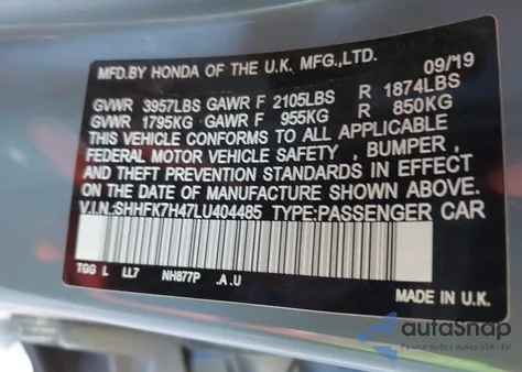 2020 Honda Civic Sport from USA, damaged, VIN SHHFK7H47LU404485